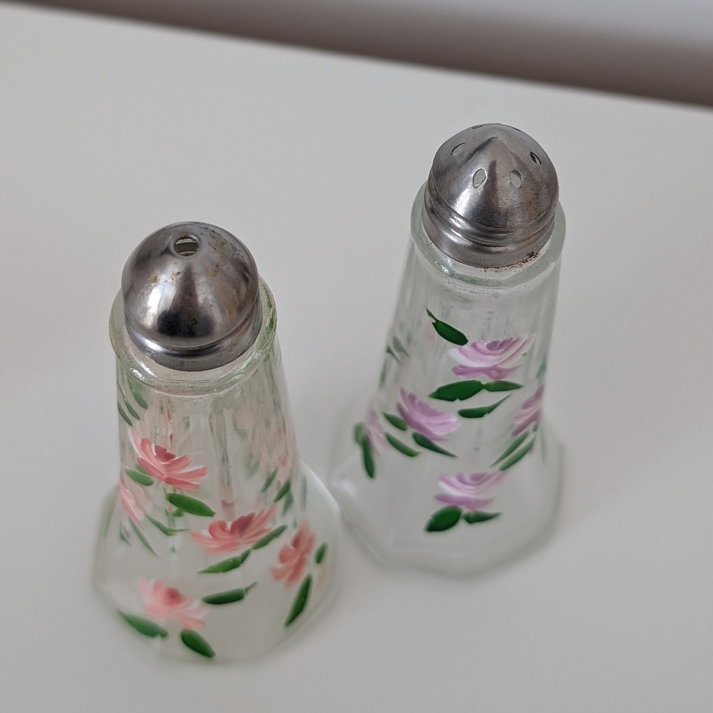 Vintage Crystal Glass Hand painted Floral Salt And Pepper Shakers - Picture 2 of 5